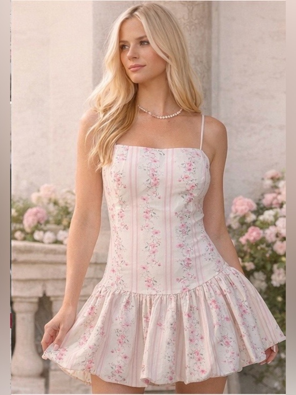 Cottagecore Floral Mini Dress Drop Waist Pink Ivory Size Large Romantic Spring